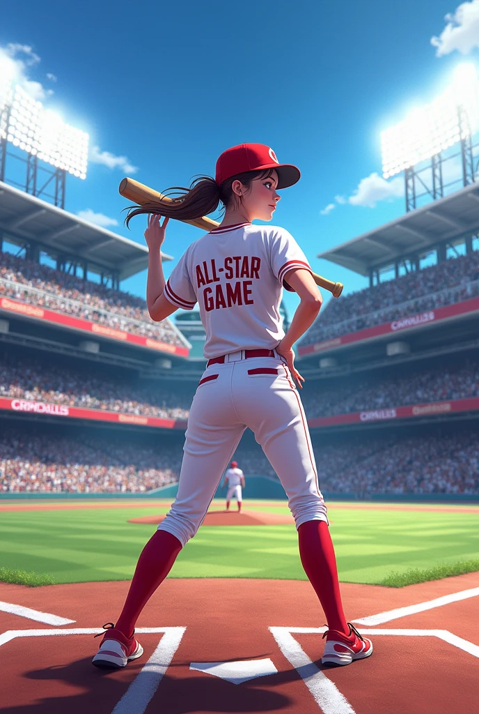 Baseball stadium background with female batter and Batter in front with the phrase ALL-STAR GAME