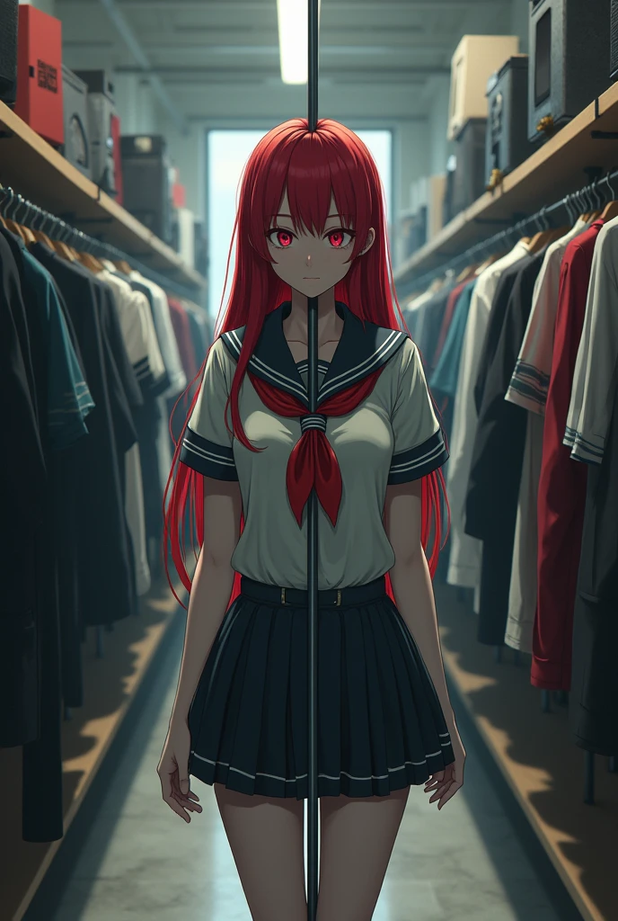 [Core Concept] A dramatic scene depicting Stella Vermilion, a character, impaled by a single-bar prison structure while standing in a clothing shop, wearing her school uniform.

[Character Description] Stella Vermilion is a young woman with a striking appearance, her vermilion hair contrasting against the stark white of the prison bar piercing her body.

[Environment/Background] The scene takes place within a clothing shop, the shelves and racks of garments providing a visually interesting backdrop to the central, harrowing event.

[Style and Atmosphere] The overall atmosphere is one of stark, unsettling contrast, with the violence of the impalement juxtaposed against the mundane setting of the clothing shop.

[Composition] The composition places Stella Vermilion as the central focus, the single prison bar cutting dramatically through her body and creating a powerful, visceral visual.

[Details and Embellishments] Stella's school uniform, with its distinctive elements, adds a layer of poignancy and dissonance to the scene, heightening the sense of tragedy.

[Technical Specifications] The image should be rendered with a high level of detail and realism, showcasing the textural elements of Stella's uniform, the clothing shop, and the stark, unforgiving prison bar.