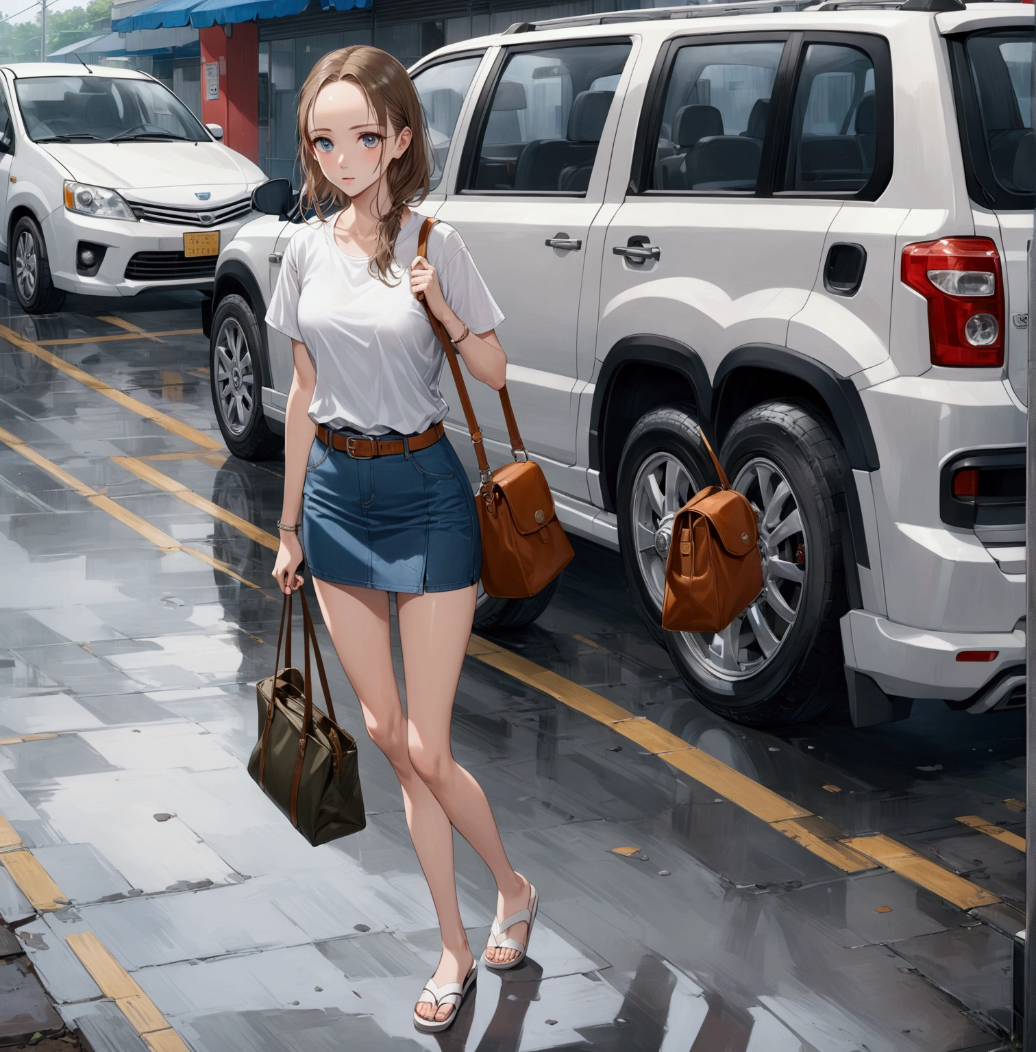 realistic anime illustration of working woman is walking to office on swamp road in rainy day, carrying bag, cars and motorbikes at parking lots, she has brown shoulder length hair (+forehead), wearing gray short sleeves jacket, white t-shirt, navy-blue denim mini skirt with belt, and white sandals, (1girl, solo,full body), (masterpiece, best quality, japanese anime style), (expressive eyes, perfect face)