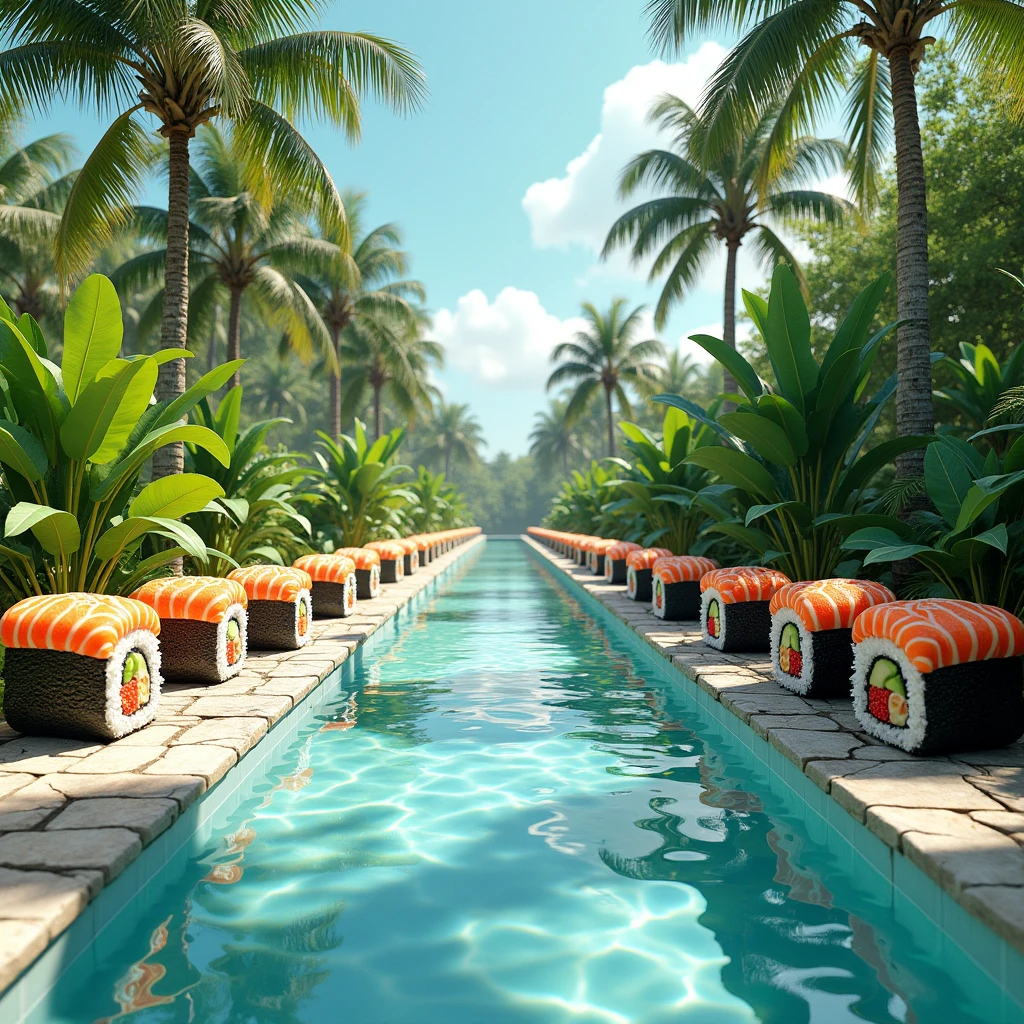 A tropical poolside setting is bordered by oversized, detailed sushi rolls instead of traditional tiles. The sushi rolls are crafted with realistic layers of rice, seaweed, and vibrant ingredients such as salmon, tuna, avocado, and fish roe. They are arranged neatly around the entire pool, creating a surreal and visually stunning environment. The pool water is crystal clear, reflecting the bright sky and surrounding lush tropical greenery, including tall palm trees and dense plants. The scene blends the luxurious ambiance of a tropical resort with the playful and imaginative twist of sushi-themed décor, offering a unique and artistic take on poolside luxury