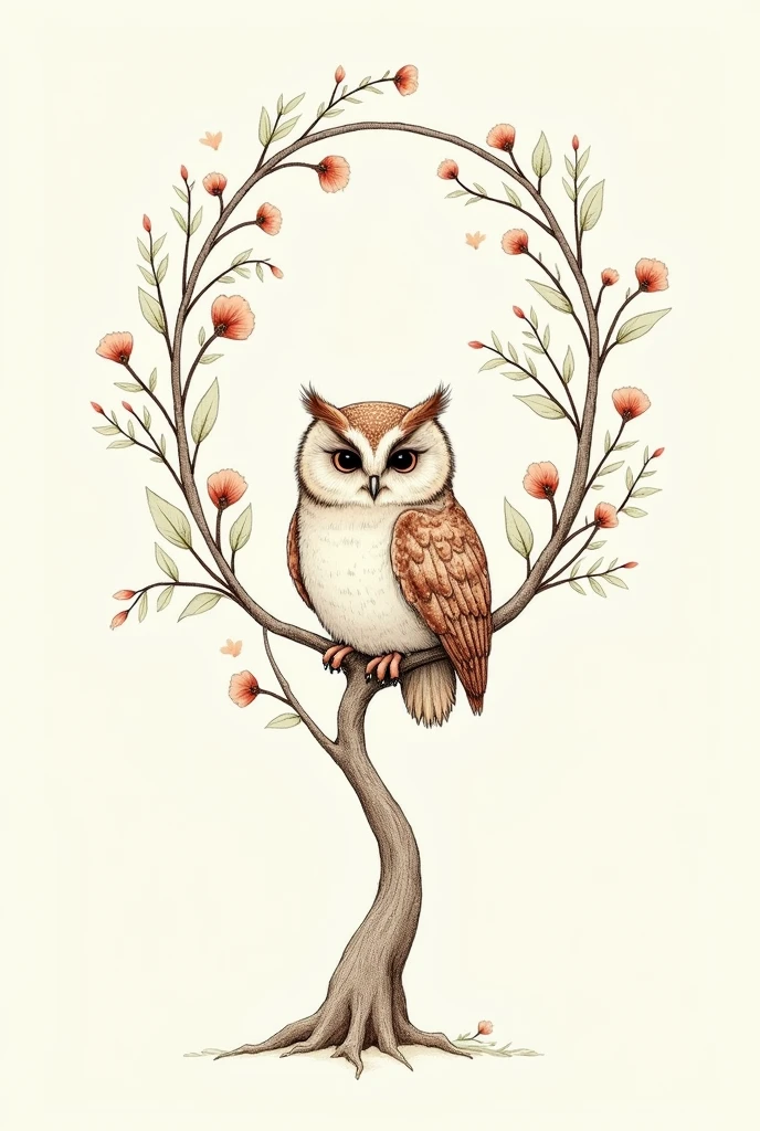 Owl sitting in tree art fine out line around tree out line with flowers art outlines