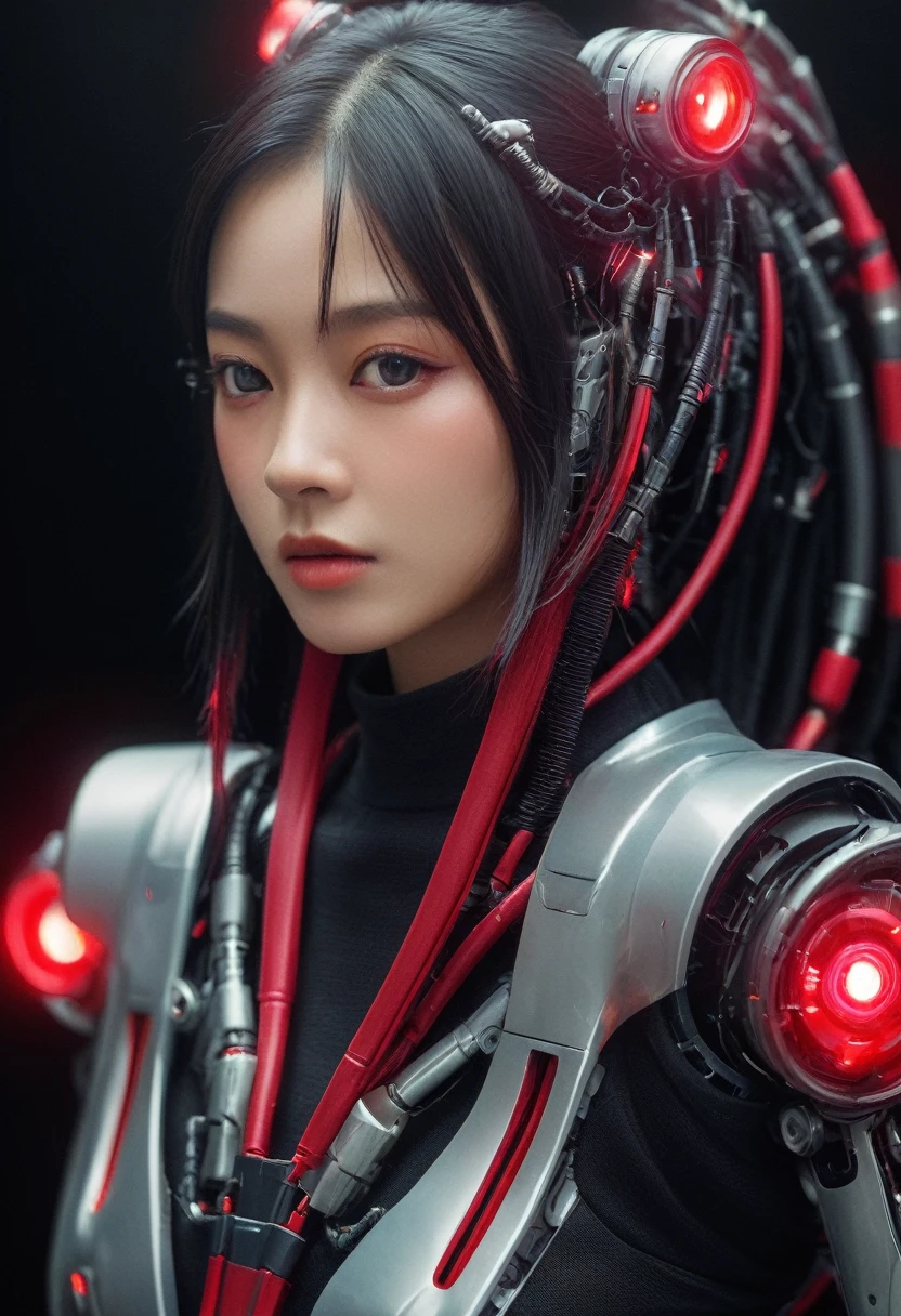 xxmixgirl. Highly detailed professional 35mm film, bokeh, face in sharp focus. A robotic female, Miku, with ((metal skin)), ((perfect Asian eyes)) with magenta irises and ((black pupils)), beautiful serious (detailed face), 18 year old ((photorealistic face)), very long magenta twin tails of magenta hair, twin black hair ties with a single red stripe. She may have a black audio headpiece. We can see her ((full body)) down to her boot soles. Her outfit is a sleeveless collared light grey shirt, outlined in red around the frilled collar and hems. Shiny reflective ((metallic breast cups, dimpleless)), invisible nipples. She wears black sleeves with red hems that start around her upper arm and bellow out as the sleeves open and extend to her wrists, with wide trumpet red rimmed cuffs. She has perfect robotic (detailed hands). She wears a red colored tie with two horizontal solid parallel black lines halfway across. She wears a fabric black skirt with a horizontal red hem at the bottom all the way around; her (((black skirt wraps around her))) and ((her skirt completely covers)) her robotic waist and thighs. Tall black boots with red bottom soles, a red rim around the top at her thighs. Her mechanical shoulder joints are visible. We can see her robotic legs and robotic neck. Half of her is covered with shiny polished machinery. The background is a distant dark neon futuristic Japanese city, gold, cyan, violet neon, near harbor or mountains.
