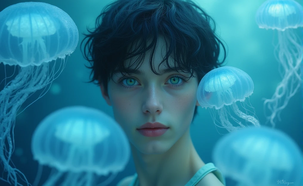 The image shows a young man with a delicate face with blue-green eyes and dark hair, in an ethereal and aquatic environment. Around it float translucent blue jellyfish, whose tentacles create an effect of fantasy and serenity. The soft lighting and bluish reflections of the water add a magical touch to the atmosphere.