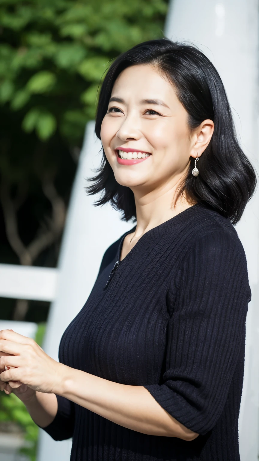 最high quality, In 8K, whole body, Real, Upper Body, high quality, High resolution, Detailed face, Detailed eyes, Thick lips, (Look at the viewers), alone, Middle-aged women, , 60 years old, , Wavy Hair, , Wearing short sleeves, Standing in front of a fountain, Wrinkles around the eyes, Smiling with teeth showing, Background Blur