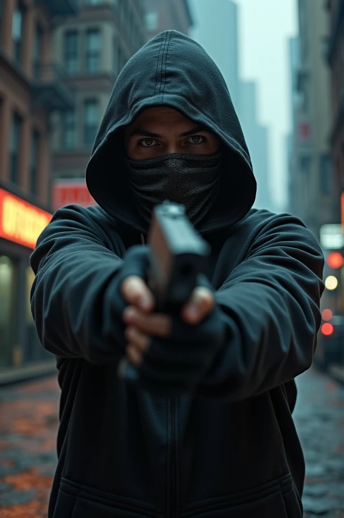 "Create an image that conveys a sense of suspense and imminent danger, showing an armed robbery situation on a deserted street at night. The scene must include a masked and armed robber, with the gun pointed at a victim who appears terrified and surprised, with hands raised up. Use a somber color palette, like shades of black, dark blue and gray, with touches of yellow light from streetlights to create a dramatic contrast. Add elements like deep shadows, street lights creating long shadows, and urban details such as walls with graffiti and trash tered on the floor, to increase the feeling of danger and realism. The composition must be detailed and intricate, with abstract patterns in shadows and light reflections to intensify the sense of threat. The image should evoke a feeling of fear and suspense, capturing the tension and imminent danger of a robbery through a unique and impactful visual style."