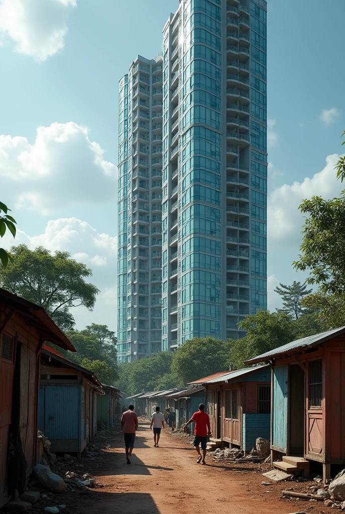 Precarious shacks with a luxury condominium in the background