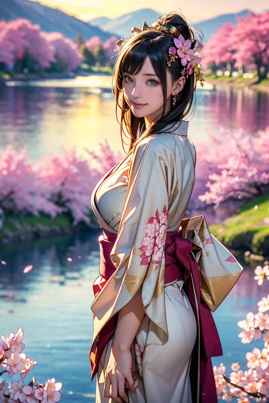 masterpiece, Highest quality, detailed, (One girl), alone, detailed golden eyes, Long Hair, Are standing, Close to the audience, (detailed kimono,Fusion with punk rock), A light smile, Medium chest,  (Put your arms behind your back), water, sunrise, Halo, (hair ornaments), (Cherry blossoms bloom),  Lake with snowy mountains in the background