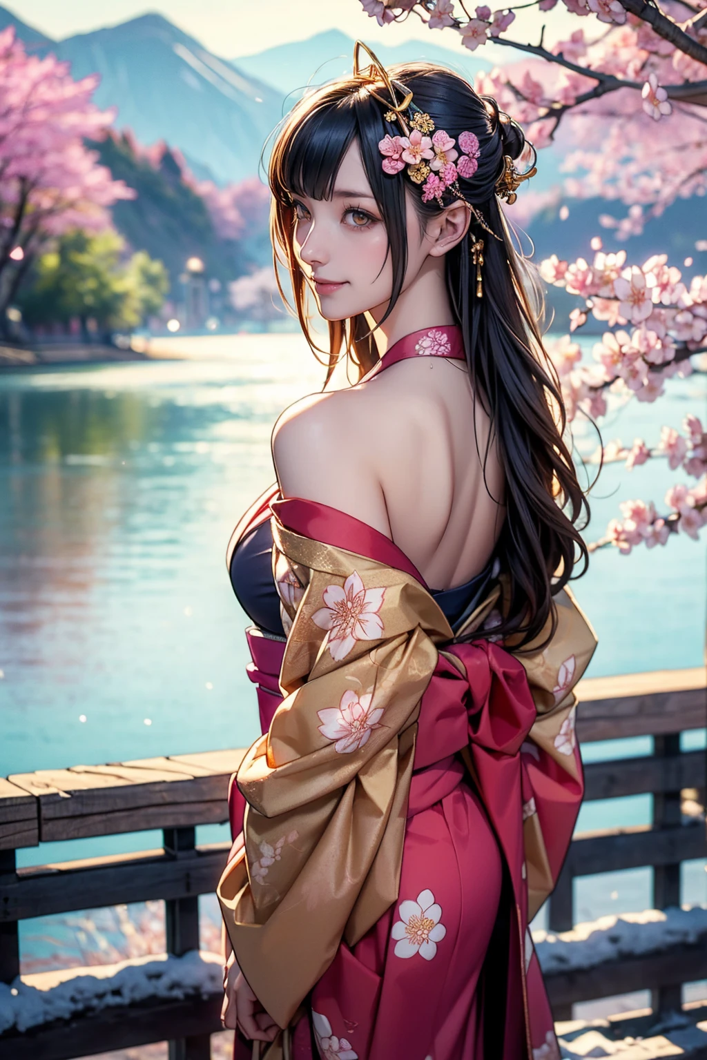 masterpiece, Highest quality, detailed, (One girl), alone, detailed golden eyes, Long Hair, Are standing, Close to the audience, (detailed kimono,Fusion with punk rock), A light smile, Medium chest, (Put your arms behind your back), water, sunrise, Halo, (hair ornaments), (Cherry blossoms bloom), Lake with snowy mountains in the background