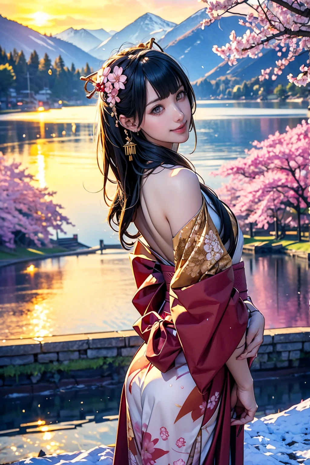 masterpiece, Highest quality, detailed, (One girl), alone, detailed golden eyes, Long Hair, Are standing, Close to the audience, (detailed kimono,Fusion with punk rock), A light smile, Medium chest, (Put your arms behind your back), water, sunrise, Halo, (hair ornaments), (Cherry blossoms bloom), Lake with snowy mountains in the background