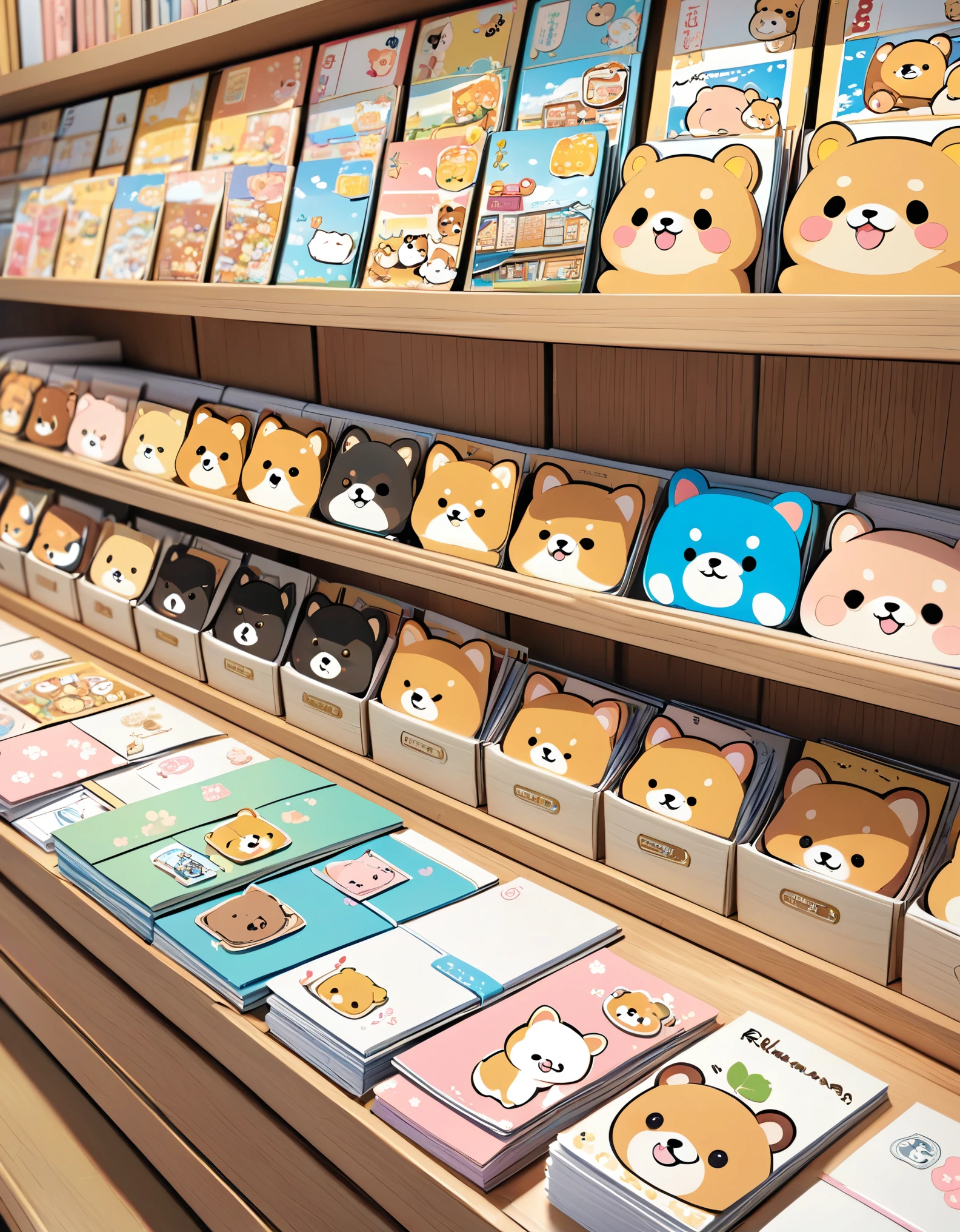 (masterpiece:1.2, Highest quality,Highest quality,Very detailedな:1.2),(Very detailed),8k,(Postcards of small Shiba Inu characters are lined up,Stationery section,cute,Deformation,Very simple design,Rilakkuma style)
