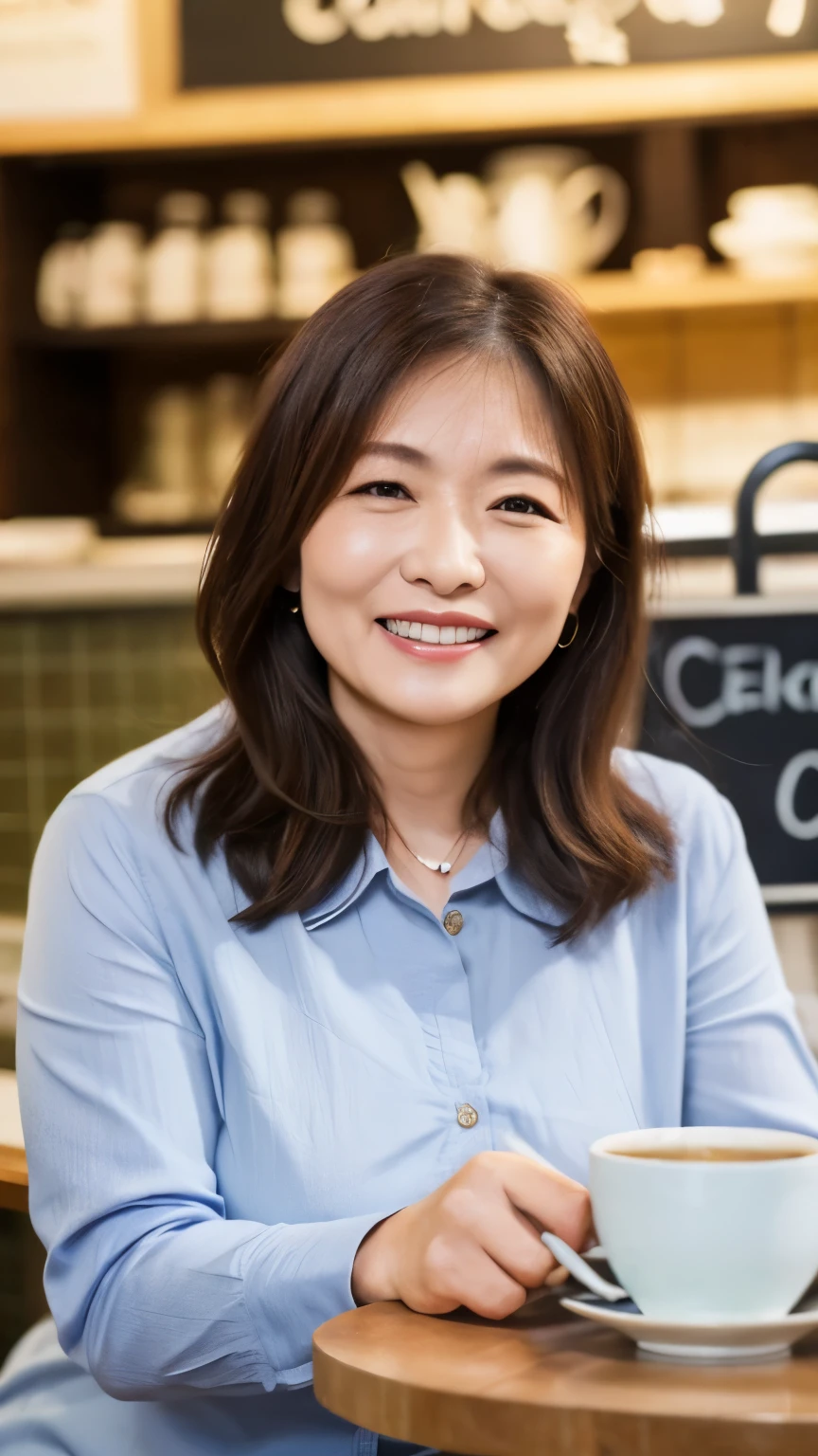 8k wallpaper, masterpiece, Highest quality, Very detailed, One Mature Woman, 50 years old, Become very clear, Wearing a spring-like shirt, Skin dents, Captivating smile, Looking at the audience, , Plump, Curvaceous, Attractive face, Smiling with teeth showing, I was happy, sitting in a cafe, Background Blur
