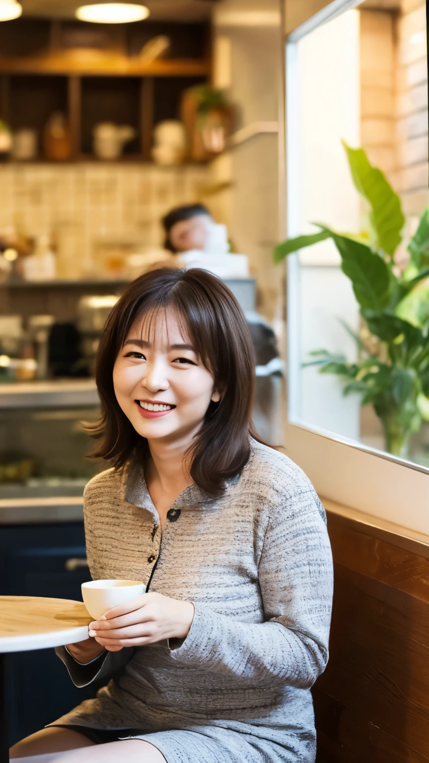 8k wallpaper, masterpiece, Highest quality, Very detailed, One Mature Woman, 50 years old, Become very clear, Wearing a spring-like shirt, Skin dents, Captivating smile, Looking at the audience, , Plump, Curvaceous, Attractive face, Smiling with teeth showing, I was happy, sitting in a cafe, Background Blur
