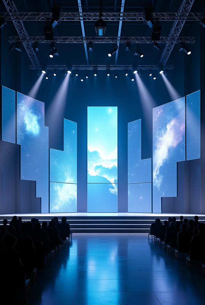 make me a picture of a modern stage without a catwalk with several screens