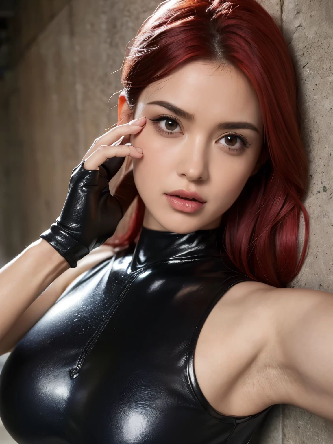 (masterpiece, best quality:1.2), 1girl, solo, professional lightings, cinematic lightings, 8k wallpaper, ultra realistic portrait of Regina, Dino crisis, (black bodysuit under clothe, fingerless gloves, leotard, detached sleeves), knee high boots, detailed face, detailed eyes, fine eyes, highres, ultra realistic skin texture, ultra detailed skin texture, ultra slim waist, perfect slim body style, (red hair, extra shot hair), big eyes, double eyelids, (((ultra huge breasts, ultra huge tits, ultra huge boob, ultra huge cleavages))), (outdoors, passage way, net fences both sides in concrete passage way, exterior of narrow & tiny concrete facility in back, in deep jungle, dark atmosphere), (((put your hands up, exposed ultra realistic shaved armpits, disclosed ultra detailed shaved underarms))), front view,