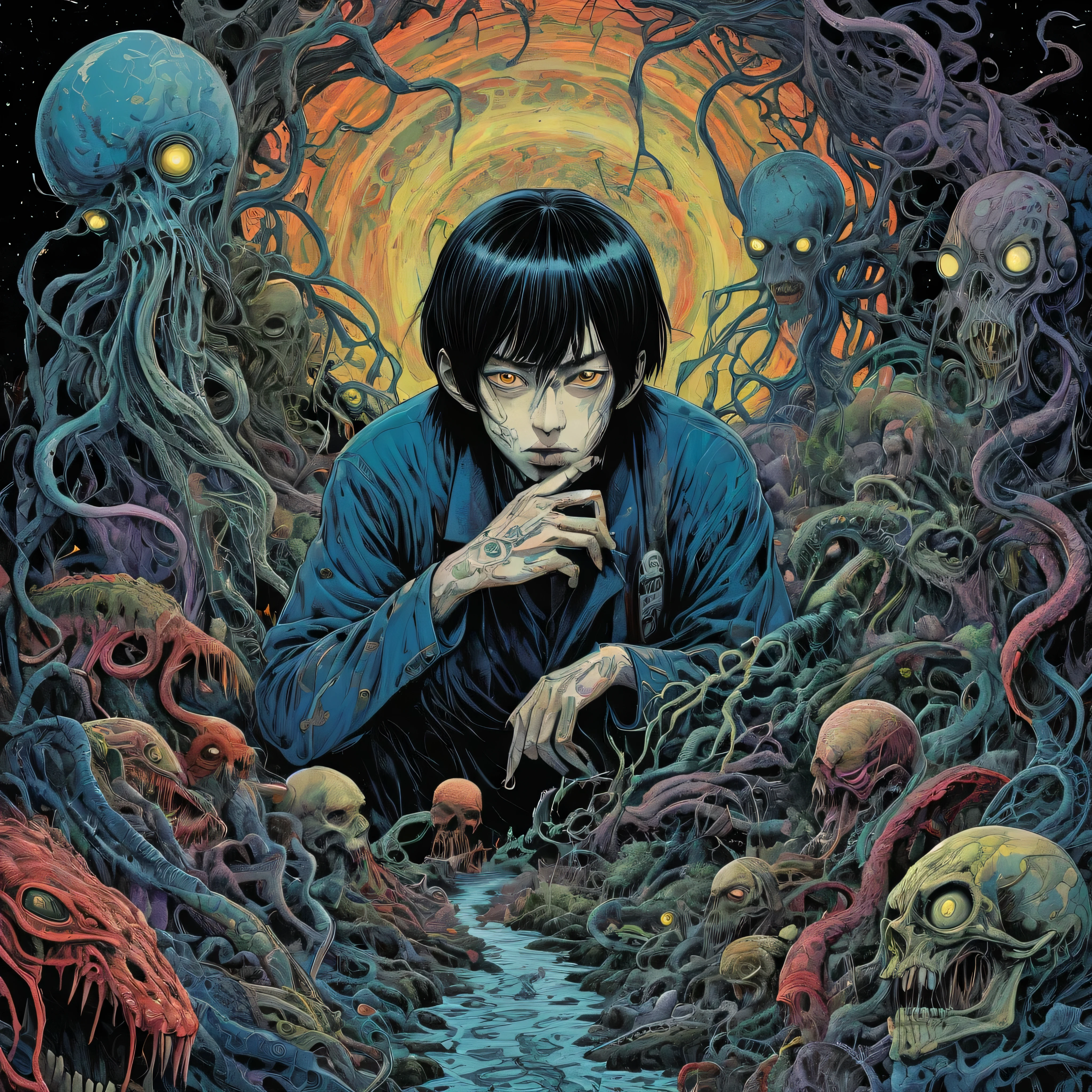 male model, horror-themed lovecraftian horror Junji Ito, Raw digital photo, Film Washi, "The Frost of (80s style:0.65) (hand drawn, anime:1.2) (girl:0.8) , analogue vhs distortion, intricately detailed linework, vibrant colors", Hisui Sugiura, Intricate and vivid depiction of Junji Ito's work in film form. The artist's signature style is evident throughout, from the detailed linework and vibrant colors to the subtle analogue VHS distortion. The image captures a man in his natural habitat, surrounded by intricate details that bring the scene to life. The overall effect is a stunning representation of Ito's unique vision. Hisui Sugiura Assistant has done an excellent job in capturing the essence of this iconic artist's work. The image is a true masterpiece. . eldritch, cosmic horror, unknown, mysterious, surreal, highly detailed . eerie, unsettling, dark, spooky, suspenseful, grim, highly detailed