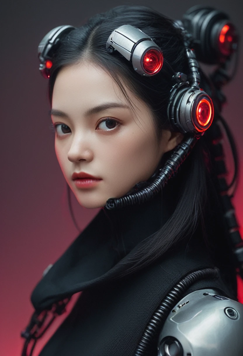 xxmixgirl. Highly detailed professional 35mm film, bokeh, face in sharp focus. A robotic female, Miku, with ((metal skin)), ((perfect Asian eyes)) with magenta irises and ((black pupils)), beautiful serious (detailed face), 18 year old ((photorealistic face)), very long magenta twin tails of magenta hair, twin black hair ties with a single red stripe. She may have a black audio headpiece. We can see her ((full body)) down to her boot soles. Her outfit is a sleeveless collared light grey shirt, outlined in red around the frilled collar and hems. Shiny reflective ((metallic breast cups, dimpleless)), invisible nipples. She wears black sleeves with red hems that start around her upper arm and bellow out as the sleeves open and extend to her wrists, with wide trumpet red rimmed cuffs. She has perfect robotic (detailed hands). She wears a red colored tie with two horizontal solid parallel black lines halfway across. She wears a fabric black skirt with a horizontal red hem at the bottom all the way around; her (((black skirt wraps around her))) and ((her skirt completely covers)) her robotic waist and thighs. Tall black boots with red bottom soles, a red rim around the top at her thighs. Her mechanical shoulder joints are visible. We can see her robotic legs and robotic neck. Half of her is covered with shiny polished machinery. The background is a distant dark neon futuristic Japanese city, gold, cyan, violet neon, near harbor or mountains.
