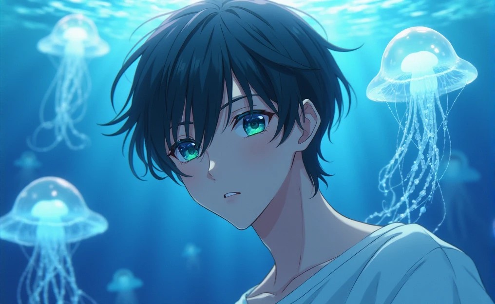 The image shows a young man anime with a delicate face with blue-green eyes and dark hair, in an ethereal and aquatic environment. Around it float translucent blue jellyfish, whose tentacles create an effect of fantasy and serenity. The soft lighting and bluish reflections of the water add a magical touch to the atmosphere.