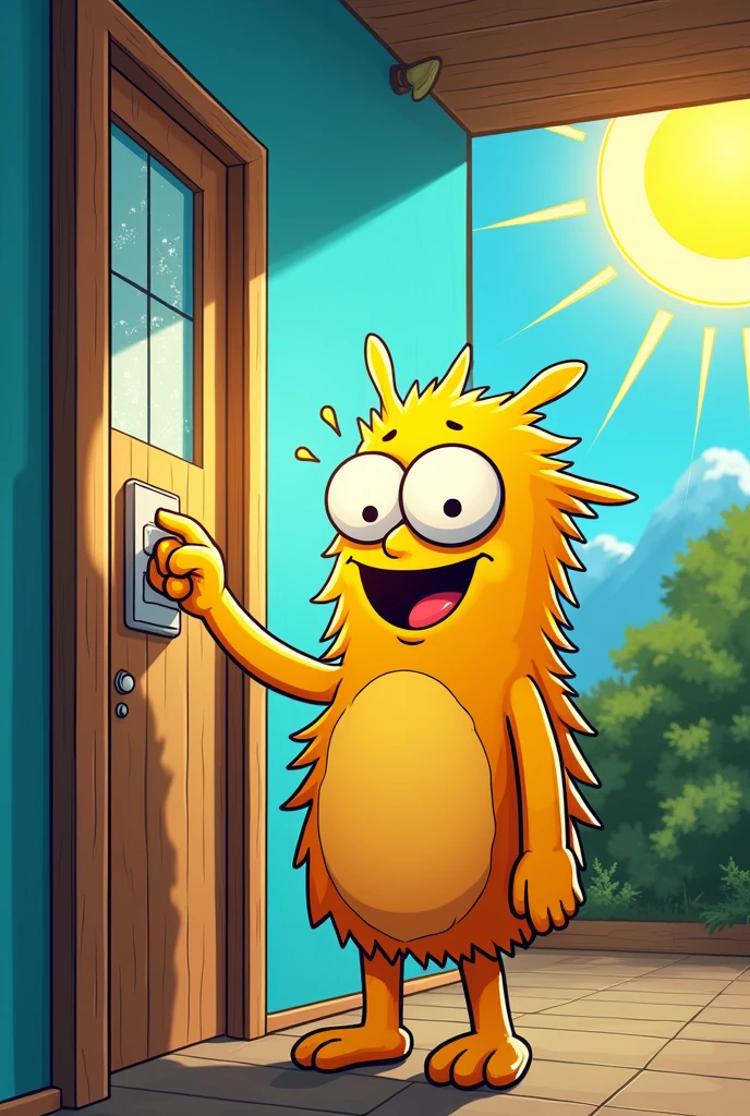 Comic book style Vignette 9:
El sol brilla sobre la casa de Pike, which is now brighter and more welcoming. Pike sonríe mientras apaga la luz antes de salir de una habitación.
Pike: "Saving energy is easy and makes a big difference!"