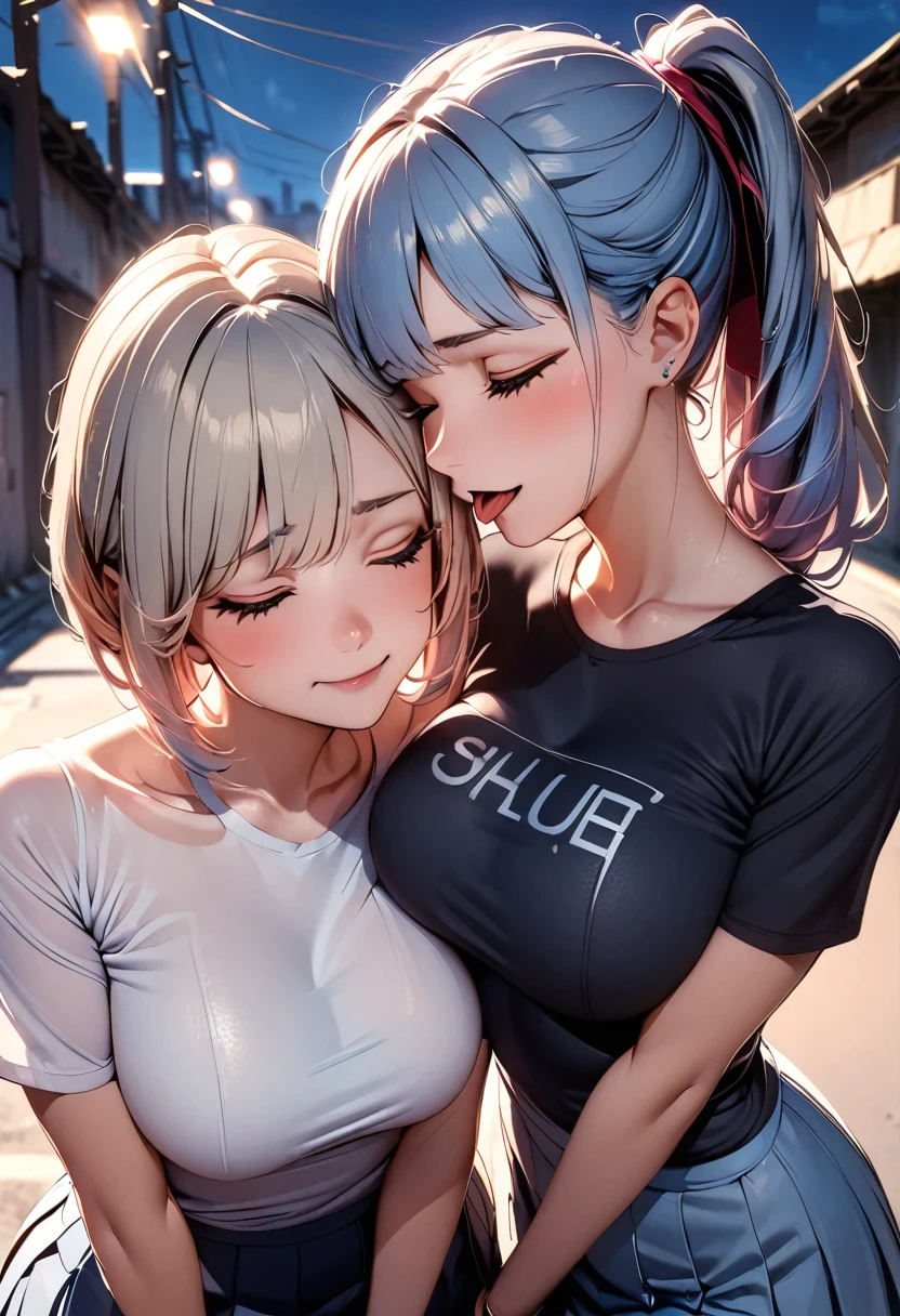 8k，Wide-angle lens，Attention to detail，Cinematic Light，Shadows in the movie，(masterpiece，Highest quality:1.2)，Two women are kissing,Sticking out tongue,One has blue hair in a ponytail, the other has long straight silver hair..，close your eyes，Wearing only a tight-fitting shirt,mini skirt,Slum background，Sexy feeling，(Sacred feelings:0.9)，Depth of written boundary，Luminous particle effect，Background light