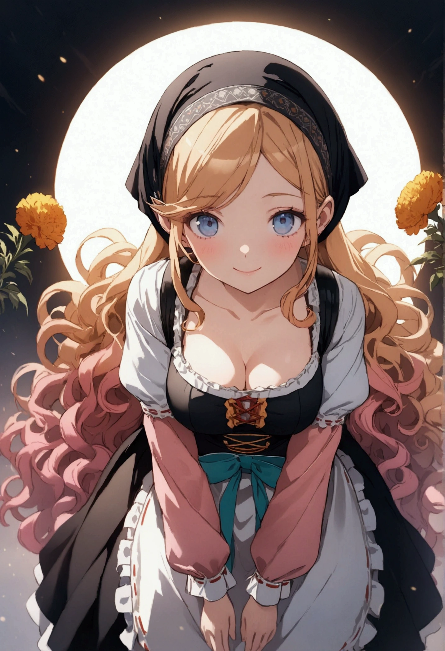 (masterpiece:1.2, best quality), (ultra-detailed), (illustration), (ultra highres), (delicate illustration), (hyper detailed), golden orange hair, gradient hair, very long hair, swept bangs, sidelocks, curly hair, wavy hair, (((((head scarf))))), head bandana, pink apron, flower in hair, marigold, orange flower, dirndl, pink dress, pink dirndl, long sleeves, waist apron, white apron, bow on waist, blue bow, , polish clothing, Slavic clothing, Hungarian clothing, anime, cute,, solo, smile, blue eyes, white stockings, black shoes, full body, straight-on, facing forward