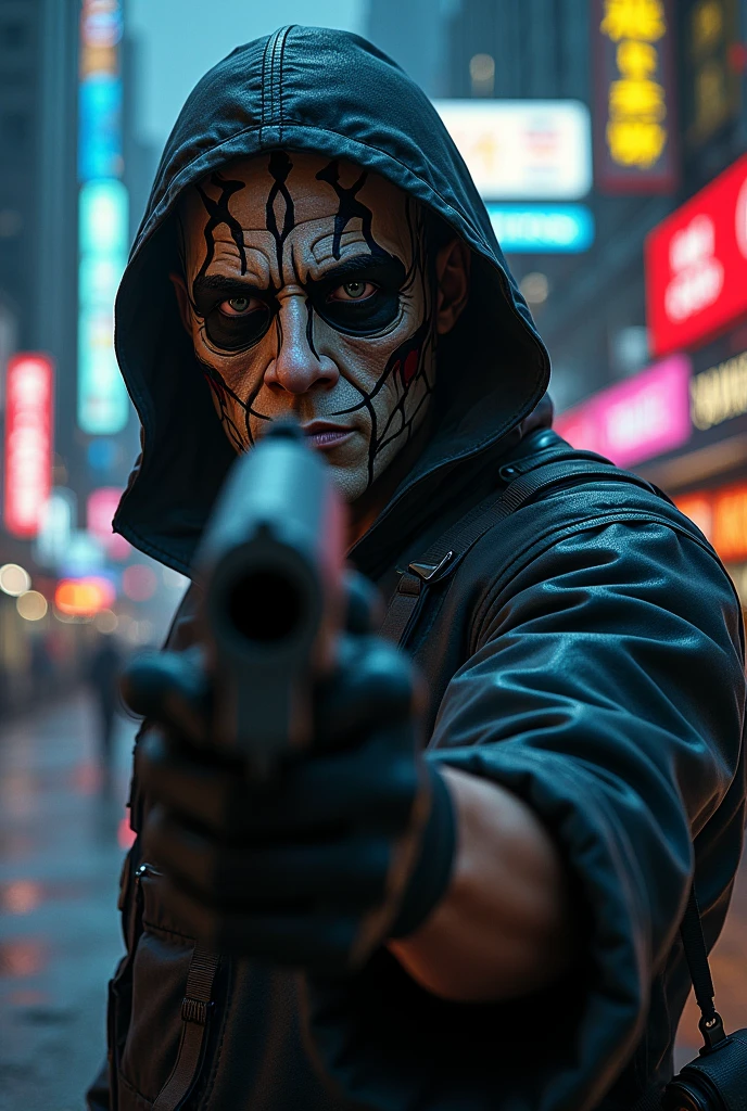 Man with roriso mask on his face and gun in his hand gta
