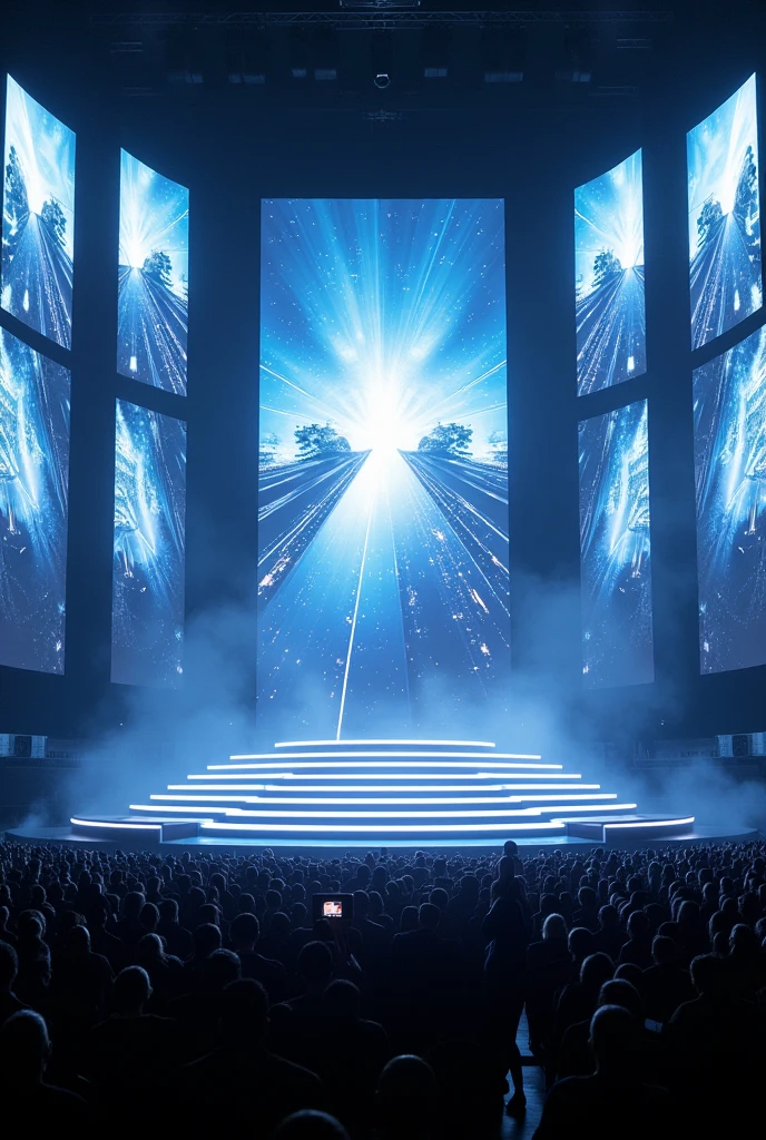 Make me an image of a modern stage without a catwalk with several screens for my tour that is huge