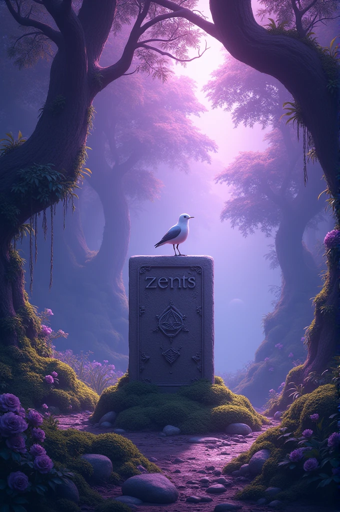 Foret avec des feuilles violettes on ne voit pas le ciel la lumière est violettes au millieux il y a un bloc de pierre sculpté "zenst"il ya des racine de la mousse et un oiseaux blanc est poser