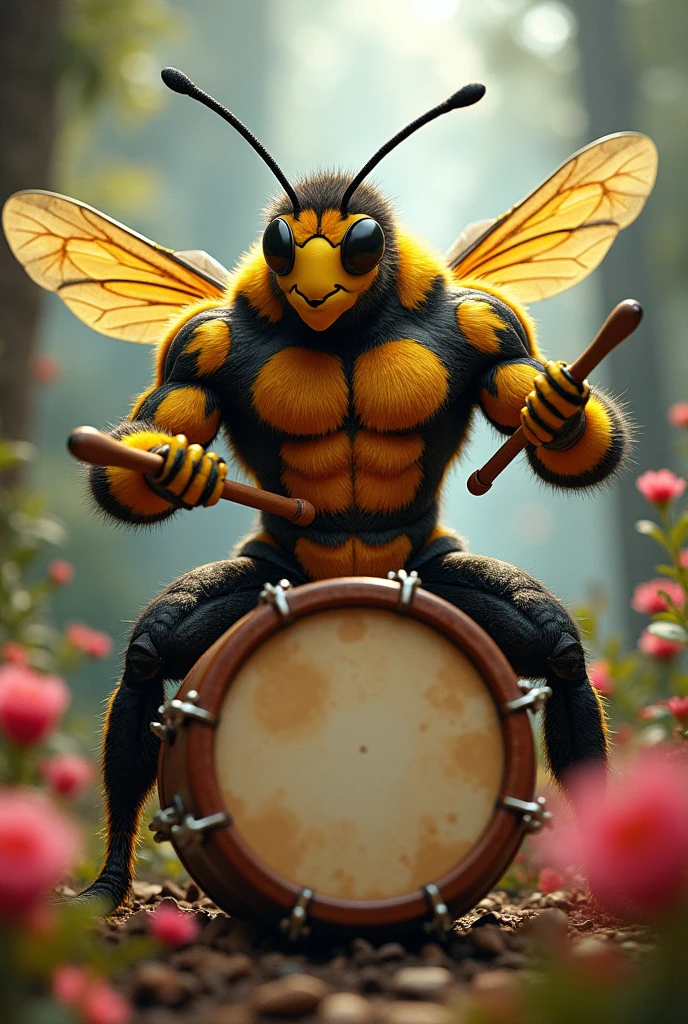 bodybuilder bee playing drum 