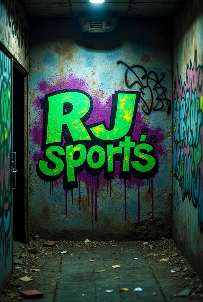 I need a background photo with street art in green and purple colors., on the wall written RJ Sports, in some suburb background, some really dirty art, in some alley RJ SPORTS somewhere in rio de janeiro