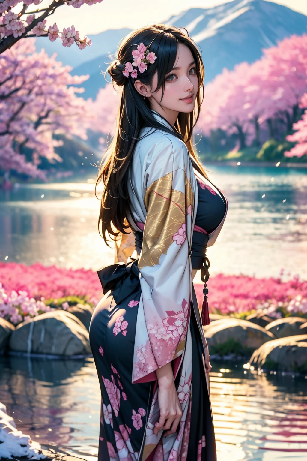 masterpiece, Highest quality, detailed, (One girl), alone, detailed golden eyes, Long Hair, Are standing, Close to the audience, (detailed kimono,Fusion with punk rock), A light smile, Large Breasts, Big Ass, (Put your arms behind your back), water, sunrise, Halo, (hair ornaments), (Cherry blossoms bloom), Lake with snowy mountains in the background