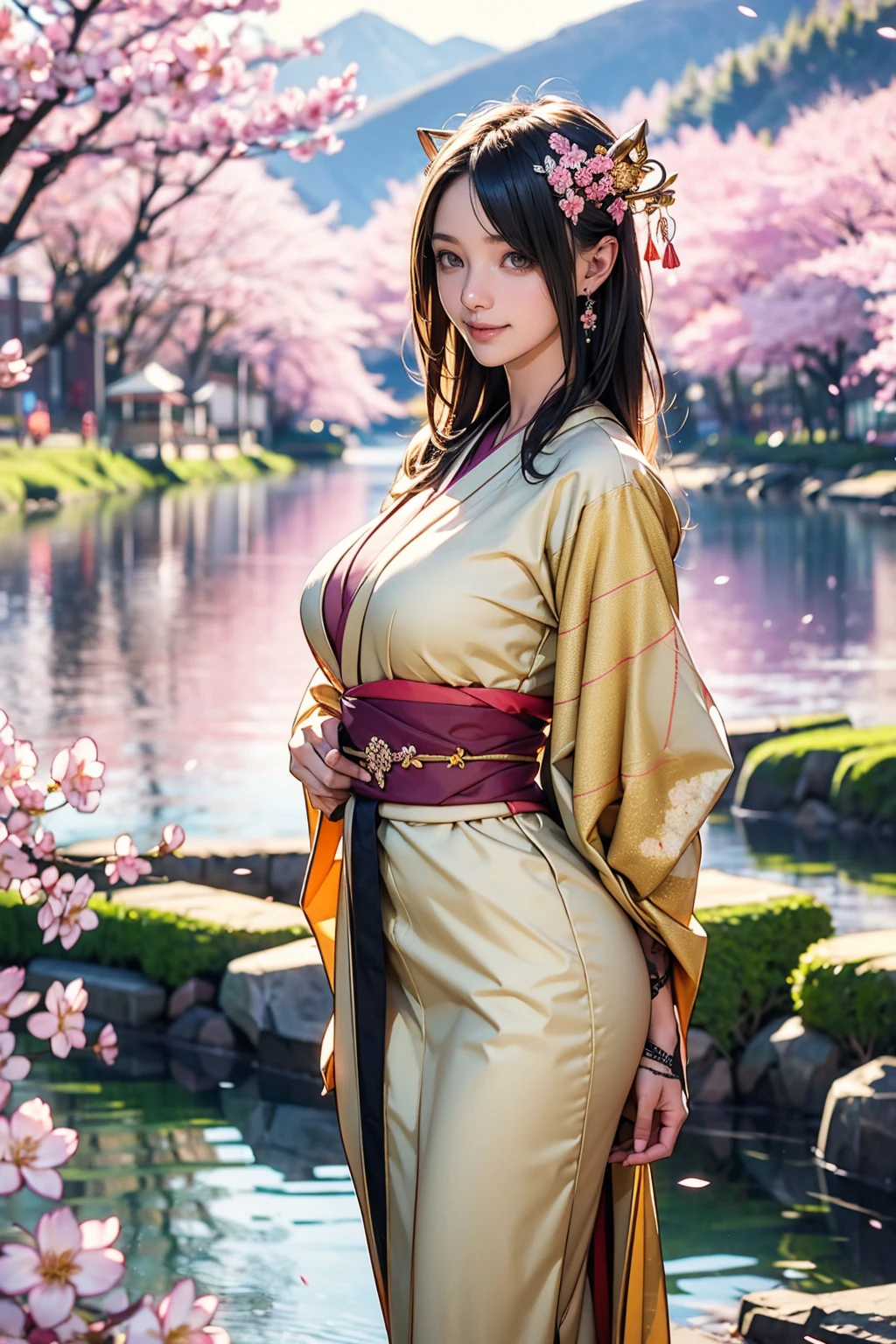 masterpiece, Highest quality, detailed, (One girl), alone, detailed golden eyes, Long Hair, Are standing, Close to the audience, (detailed kimono,Fusion with punk rock), A light smile, Large Breasts, Big Ass,  (Put your arms behind your back), water, sunrise, Halo, (hair ornaments), (Cherry blossoms bloom),  Lake with snowy mountains in the background