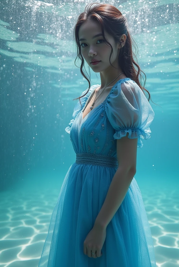 Water contamination : In the rainy season, The buildup of contaminants such as salts and chemicals in water due to melting ice can affect water quality and aquatic ecosystems.. create a person posing in a blue dress clothing brand h&m

