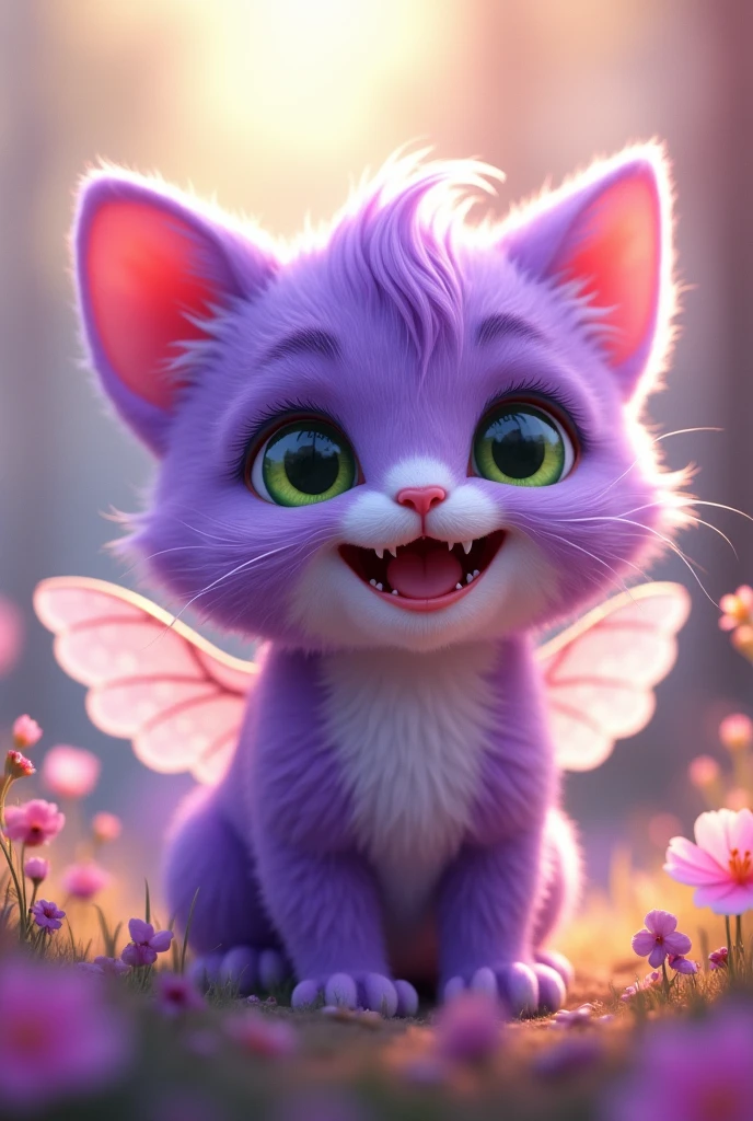 Purple kitten with small wings, rosy cheeks, green eyes and a big smile