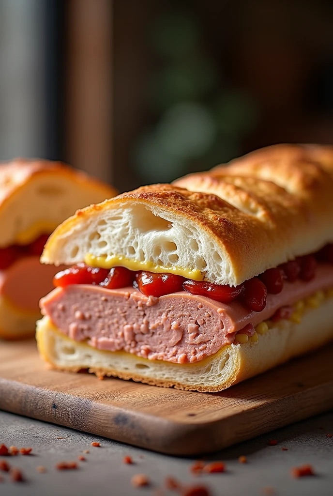 Imagine a fresh French bread, with a crispy crust and a soft center, cut in half. por dentro, a generous layer of sausage pâté, which has a creamy and slightly grainy texture. The pâté is pink in color, result of mixing cooked and well-crushed sausages with mayonnaise, mustard and ketchup, that give a balanced flavor, with a touch of acidity and creaminess.
