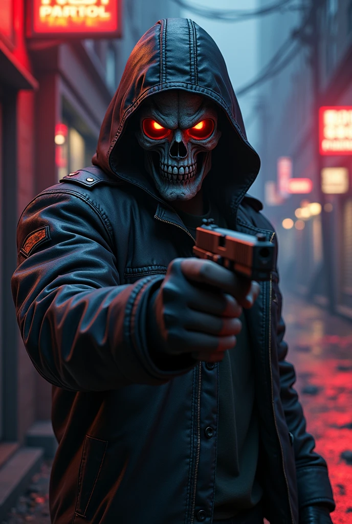 Man with a skull mask on his face and a gun in his hand GTA