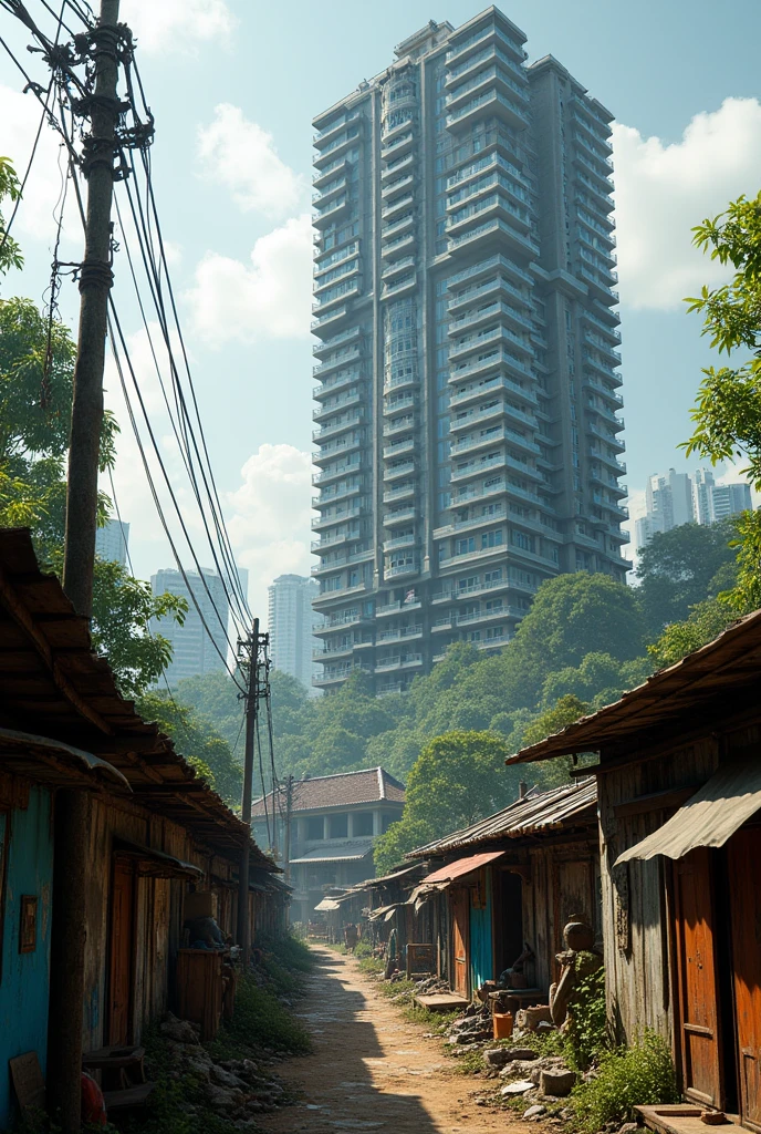 Precarious shacks with a luxury condominium in the background