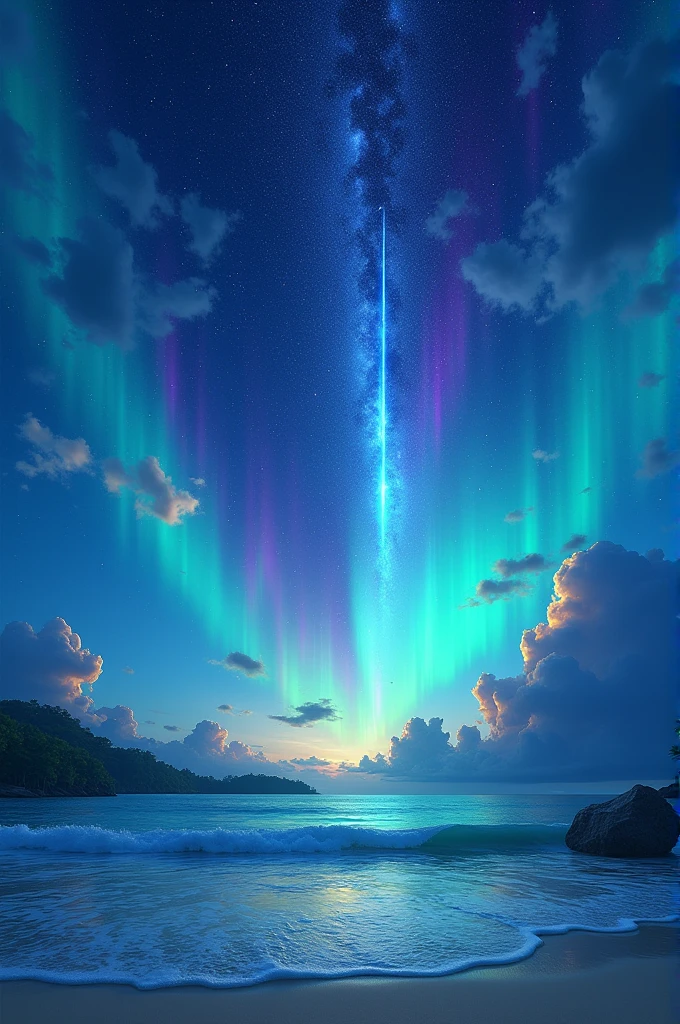(zoom:1.1), (meteor shower:1.2), (comet:1.1), low angle, arora borealis, shooting star, top quality, masterpiece, clouds, colorful, southeast Asian beach, summer, seascape, small islands