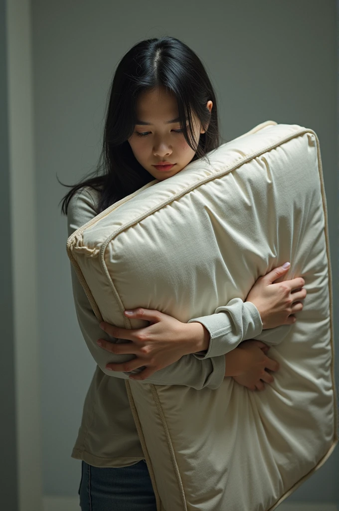 a person holding a mattress in a protective gesture