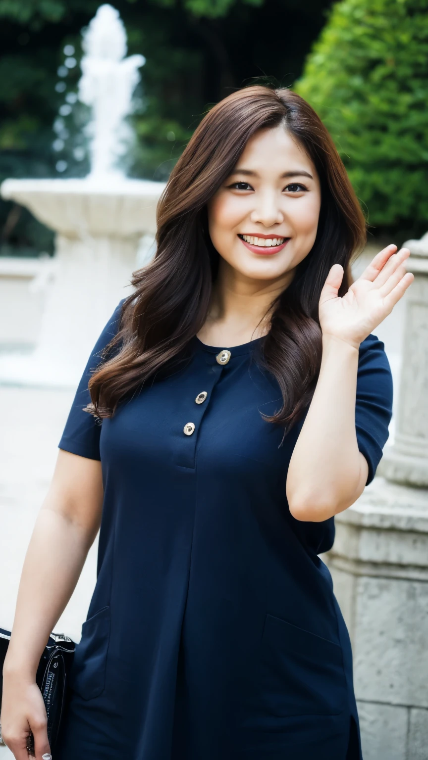 最high quality, In 8K, whole body, Real, Upper Body, high quality, High resolution, Detailed face, Detailed eyes, Thick lips, (Look at the viewers), alone, Middle-aged women, , 60 years old, , Wavy Hair, , Wearing short sleeves, Standing in front of a fountain, Wrinkles around the eyes, Smiling with teeth showing, Background Blur