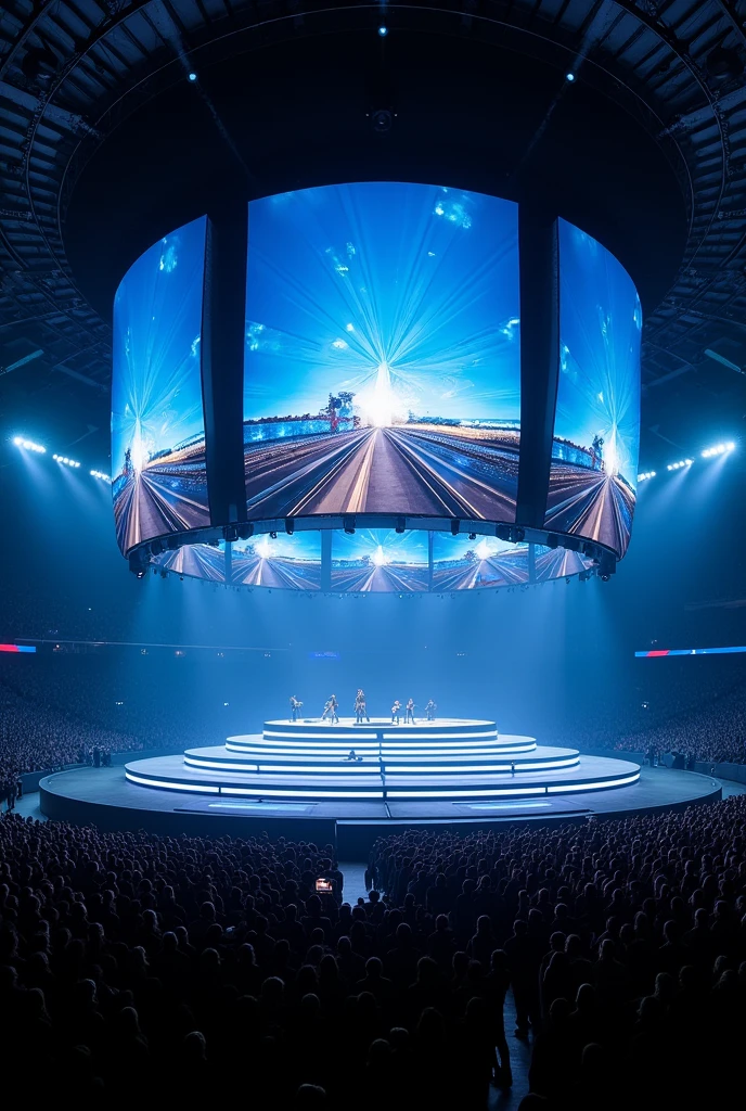 Make me an image of a modern stage without a catwalk with several screens for my tour that is giant with curved screens and that is in the Maracanã stadium 