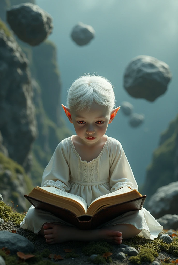 A  vampire, reading a book.
He is on a mountainous surface with floating rocks behind him.