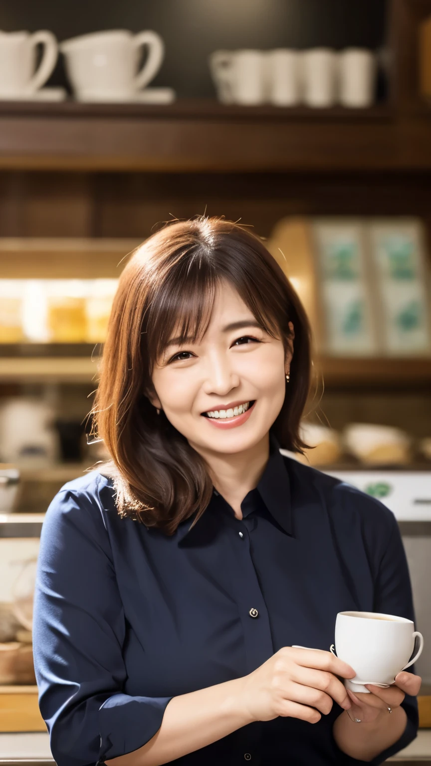 8k wallpaper, masterpiece, Highest quality, Very detailed, One Mature Woman, 50 years old, Become very clear, Wearing a spring-like shirt, Skin dents, Captivating smile, Looking at the audience, , Plump, Curvaceous, Attractive face, Smiling with teeth showing, I was happy, sitting in a cafe, Background Blur