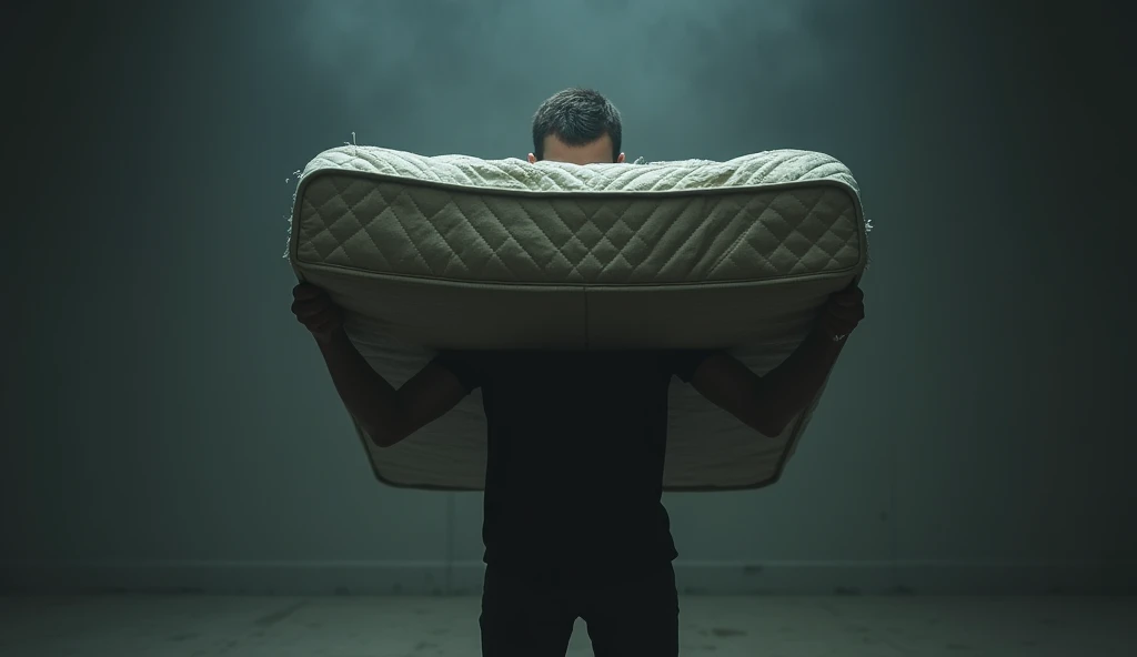 a person holding a mattress in a protective gesture