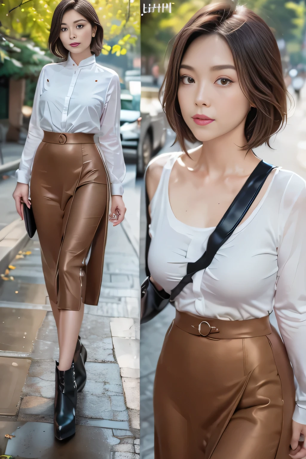 multiple views, (((The right is brown and the left is black long skirt:1.4)))、One Japanese woman、30 years old、(A photo showing you from the waist to the head:1.4)、Walking towards here、Wearing a white blouse、Strap Pin Heel、background:Alley、Detailed eyes、Accurate line of sight、uhd, anatomically correct, super detail, high details, best quality, 16K