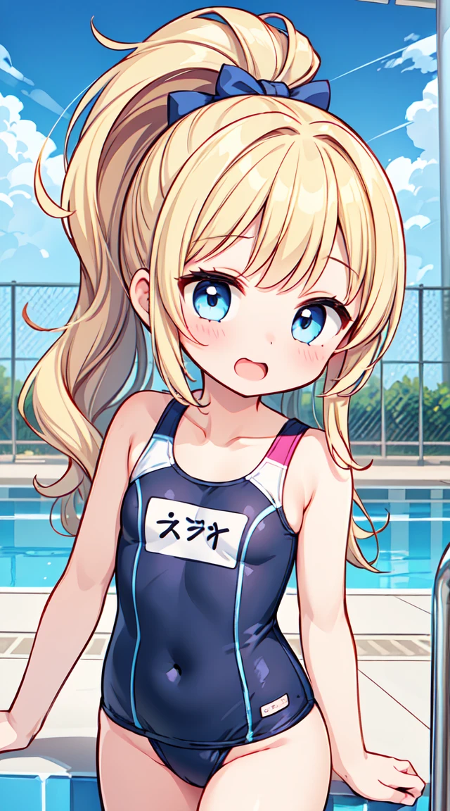 (Perfect Anatomy, Balanced ratio, very cute illustration:1.1), Poolside, Open your mouth、blonde, blue eyes, Wavy long hair, ponytail, Half-cut bangs,(Small breasts) rm),  (Embarrassing), (Gorgeous idol costume swimsuit with attention to detail), , (girl:1.5), (Cute round face),