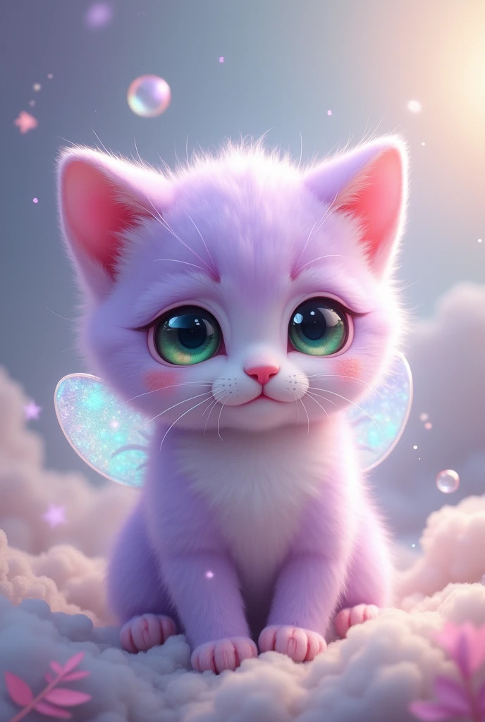 Purple kitten with small wings, rosy cheeks, green eyes, very adorable