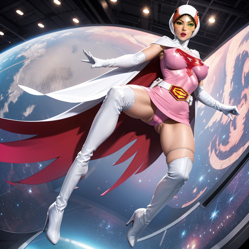 ANI_CLASSIC_jun_gatchaman_ownwaifu,1girl, ,good anatomy, masterpiece, best quality,realistic, hyperrealistic, 16k hdr, long hair,breasts,green eyes,lips,large breasts,lipstick,makeup,gloves,cape,helmet,belt,elbow gloves,white gloves,mask,ultra miniskirt,leotard,spacesuit,white tight overknee highheels boots,pink dress,superhero,bodysuit,cleavage,erected nipples,(sexy pose,from below:1.2),(spread legs:1.1),cameltoe