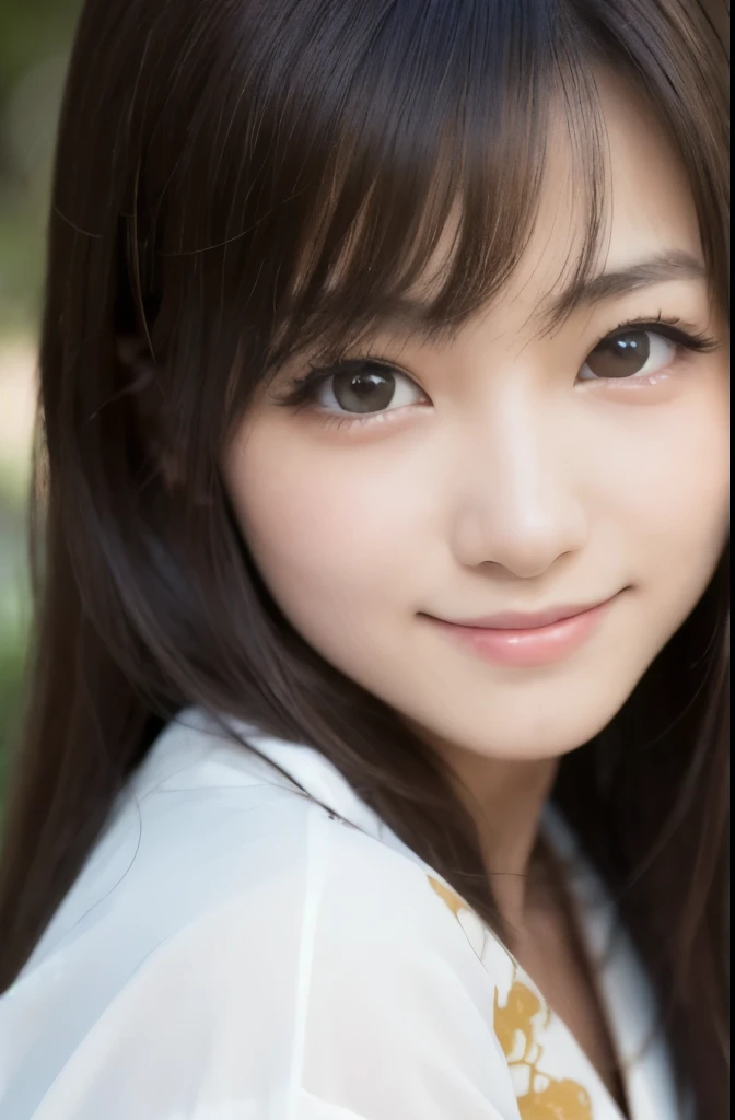 best quality, face focus, soft light, ultra high res, (photorealistic:1.4), RAW photo, Shinozaki Ai, white skin, kawaii,
1 Japanese girl, solo, cute, (smile), (pupil, lights in the eyes),  detailed beautiful face, Medium-sized breasts,(high resolution detail of human skin texture),(long hair),(portrait), upper body, white traditional kimono, 