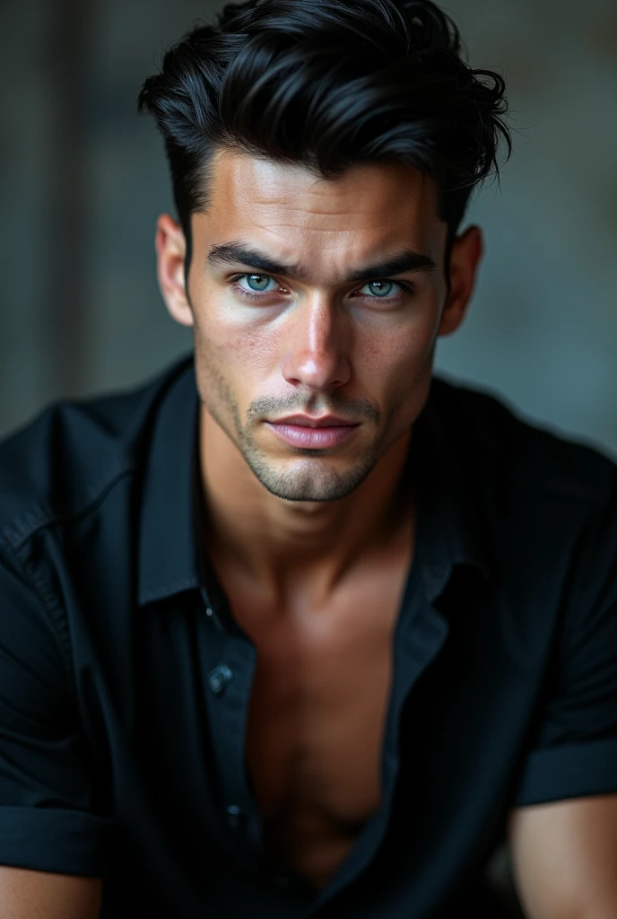 He looked relatively young with ice blue eyes, who looked at me intensely. His black styled hair, the broad body, the black shirt with two open buttons at the top and rolled up sleeves gave him an attractive, but also dangerous appearance. A striking face, which was characterized by a certain coldness, suggested, that this man was not easy to understand. His gaze was piercing, and his grin revealed a certain self-confidence, that caught my attention.