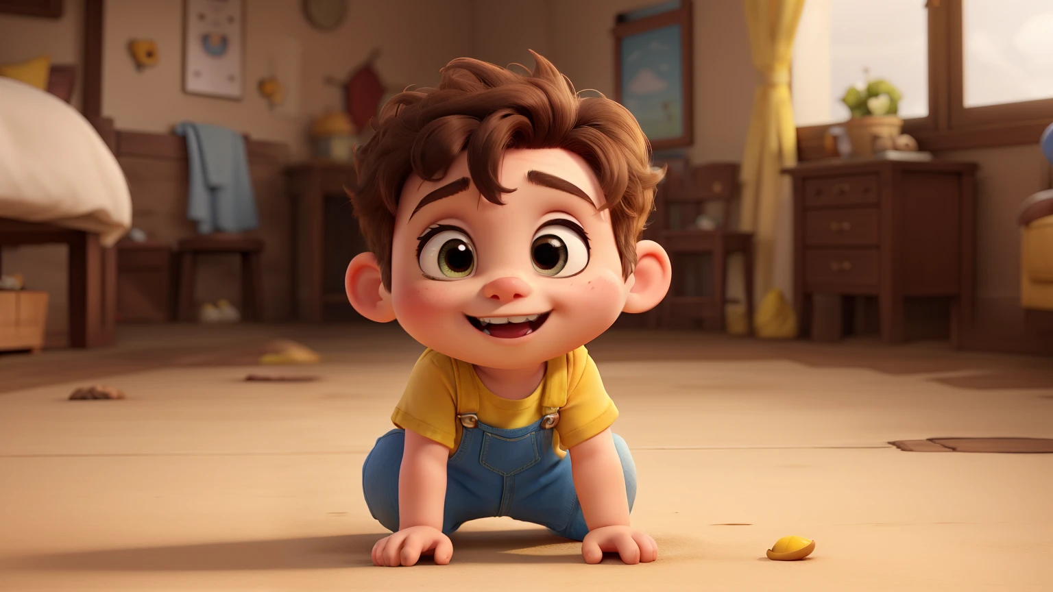 crie um personagem disney.
Great quality,
chubby baby crawling brown eyes and hair white overalls and t-shirt on yellow overalls a sun drawn little hair 2 teeth only